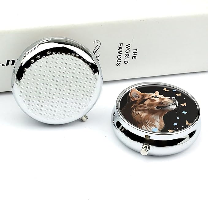 Dog and Butterfly Metal Pill Organizer with Mirror, 3-Compartment Travel Pill Box, 2-Inch Round Pocket Medicine Case with Secure Latch, Portable Vitamin Holder for Women & Men
