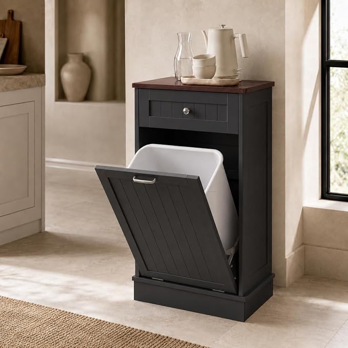 KIGOTY Tilt Out Trash Can Cabinet, Laundry Hamper Cabinet, Kitchen, Black