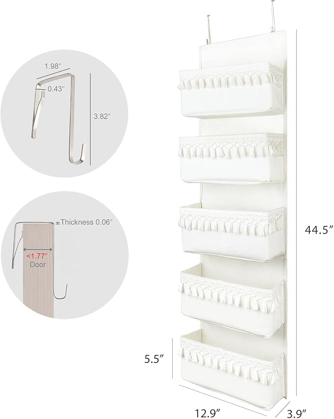 Over The Door Organizer, Pet Supplies Hanging Storage Rack, Beige | Boho Canvas 5-Tier Pocket With Tassels. Features PE Front, Wipeable Bottom & 44lbs Capacity. Ideal For Bathroom & Nursery.