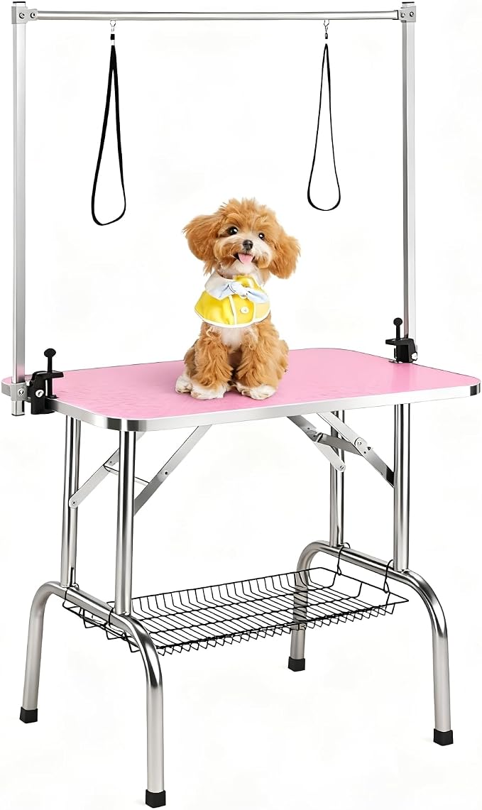 Dog Grooming Table, 30 Inch Pet Grooming Station w/Arm & Noose | Adjustable Height, Foldable Design, Non-Slip Surface & Mesh Tray, Holds Up to 330Lbs for Cat/Dog Trimming Drying, Pink
