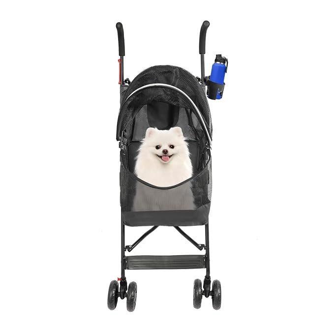 2 Wheels Pet Stroller, Foldable Pet Strolling Cart with Storage Basket and Cup Holder, Puppy Kitty Stroller with Weather Cover, Travel Gear for Medium Small Dogs and Cats Under 22lbs (Black)