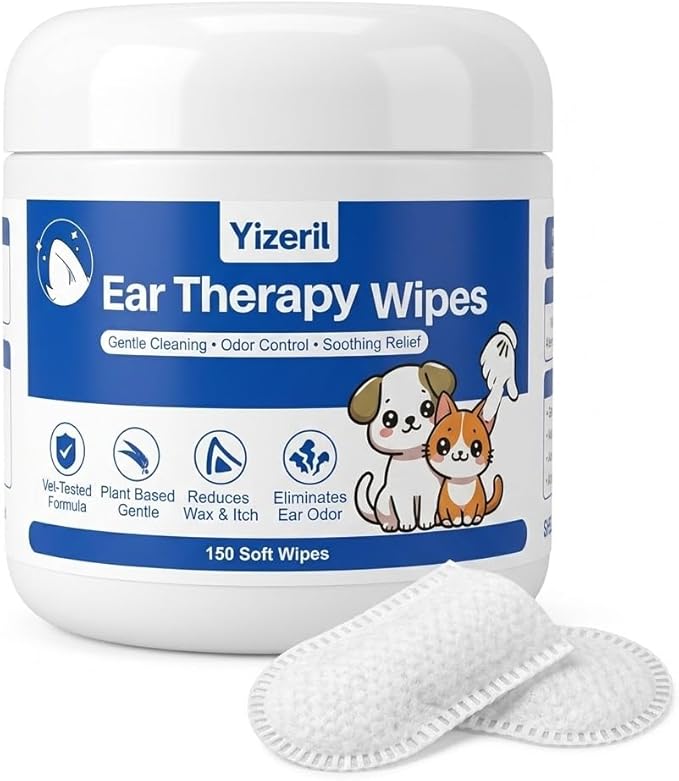 Dog Ear Wipes - 150 Count Finger Ear Cleaner for Dogs and Cats, Alcohol Free Plant Based Ear Cleaning, Remove Wax Dirt Odor