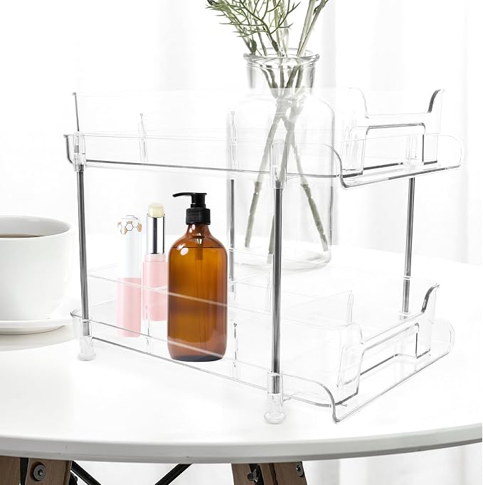 Ipetboom Double-layer Pull-out Storage Shelf Organizer for Kitchen and Bedroom, Made of Pet and Stainless Steel, Firm and Sturdy with Soft Feel, for Home Supplies and Bathroom Storage