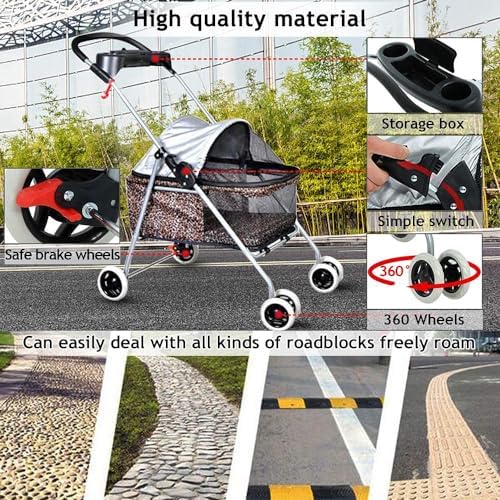 Stress Free Pet Stroller for Medium Small Dogs 4 Wheels Folding Portable Cat Dog with Cup Holders Removable Liner Easy to Carry(A)