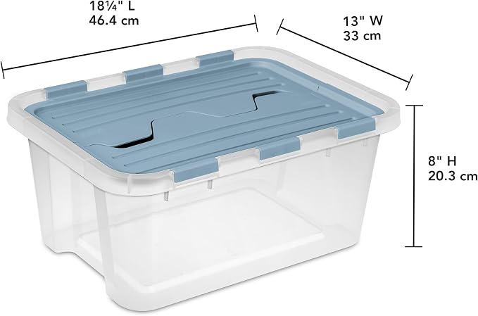 Sterilite 18 Pack Hinged Lid Storage Box, 20 Qt Plastic Container, Washed Blue - Home Organizer Tote for Storing Shoes, Crafts, Clothing, or Decor