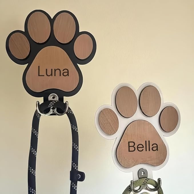 Personalized Dog Lead Holder, Solid Wood Paw Print Leash Hook, Entryway Farmhouse Engraved Pet Name Wall Hanger, Pet Decorative Signs and Plaques Gift for Dog Owners‌