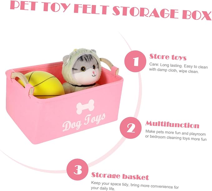 Ipetboom Large Pink Felt Dog Storage Box with Handle Spacious Pet Organizer for Treats Collars Blankets and Accessories Compact and Portable Basket for Home Use