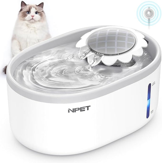 NPET Cat Water Fountain with Visible Water Level Window, White Grey 2L/67oz Automatic Pet Water Fountain with Quiet Pump, Dog Water Dispenser for Drinking (Inductor Model)