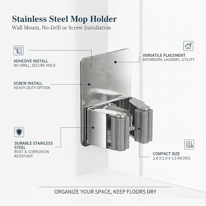 Stainless Steel Mop and Broom Holder Wall Mount, No-Drill Adhesive or Screw-In Hook for Bathroom, Laundry, Garage Organization (1 Pack)