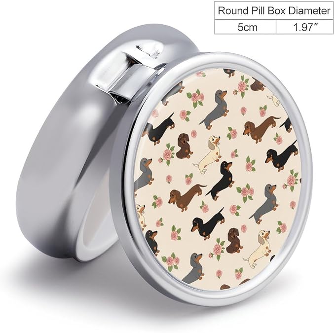 Travel Pill Box, Cute Dachshund Floral Round Portable Organizer, Small Case with Mirror, Pocket Purse Dispenser for Vitamins