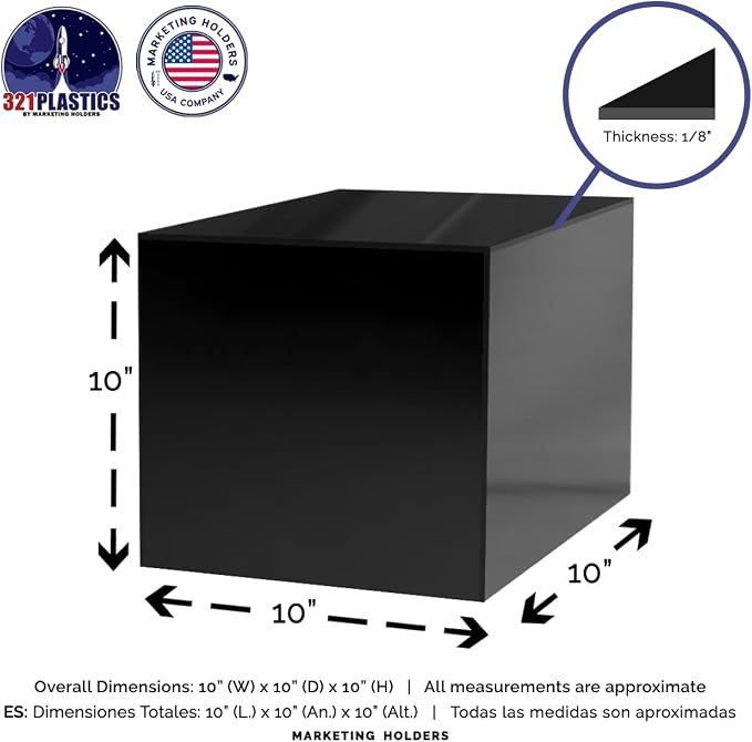 10" Acrylic Display Riser Box with 1 Open Side No Lid Glossy Black Square Retail Merchandise Storage Bin Product Platform by Marketing Holders