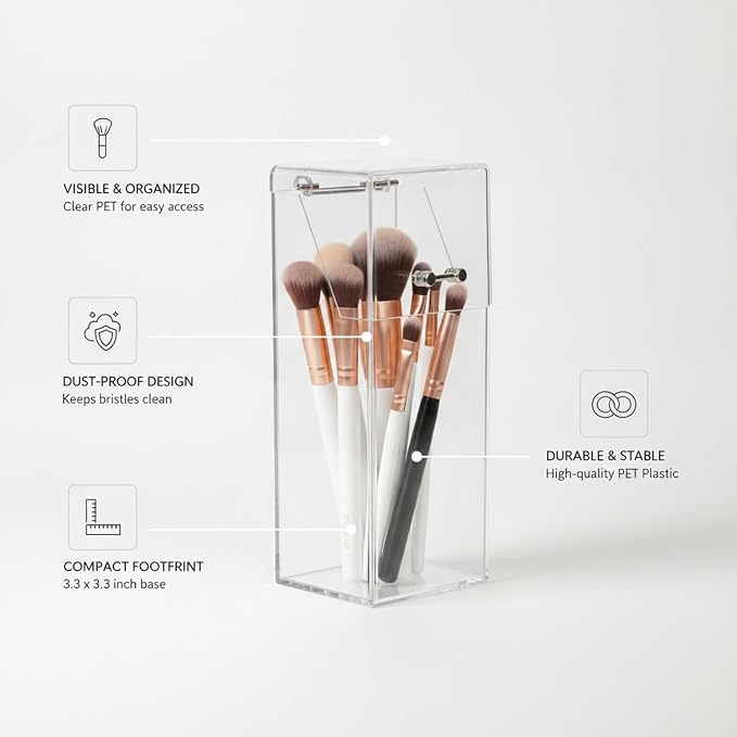 Clear Makeup Brush Holder with Lid, Compact PET Plastic Storage Caddy for Vanity & Travel, 3.3 x 3.3 Inch Base