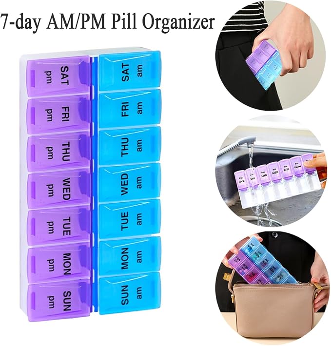 Weekly Pill Organizer Case, Travel Daily Medicine Meds Dispenser | Twice a Day, Vitamin Tablet Container Planner Box for Medication, Fish Oil, Capsule, AM, PM, Morning, Bedtime, Purple + Blue