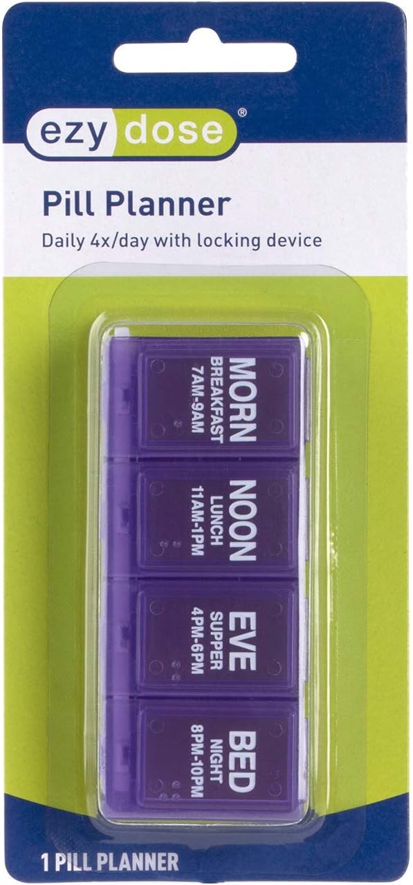 EZY DOSE Daily Pill Planner, Medicine Case, Vitamin Organizer Box, Locking Compartments to Secure Prescription Medication and Prevent Accidental Spilling, 4 Times per Day, Color May Vary, BPA Free