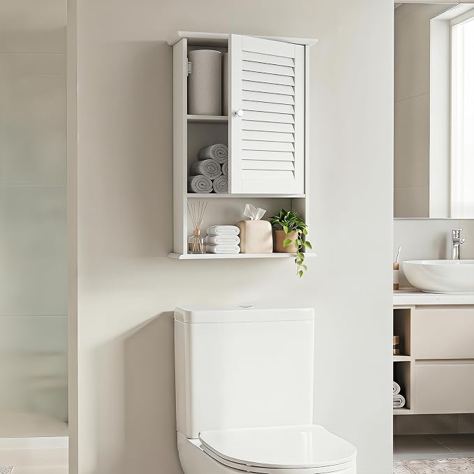 Tangkula Medicine Cabinet, Wall Mounted Bathroom Cabinet Single Door Wooden Bathroom Wall Cabinet with Adjustable Shelf
