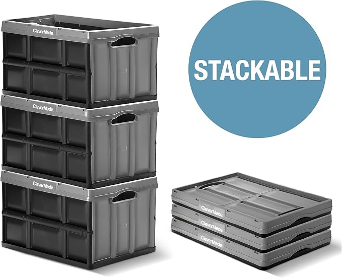 CleverMade Collapsible Storage Bins, 32L, 3 Pack Foldable Storage, Stone | Turn Trunk and Garage Clutter into Stackable Order | Reinforced Plastic Handles Up to 66 lb, Then Nests Compactly When Folded