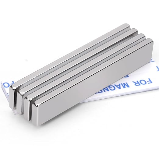 Neodymium Magnets with Adhesive Backing 4Pcs 60x10x3mm Silver | Fridge Magnetic Strips Refrigerator Blocks Crafts Extra Super Sticky Bar for Science Experiments Classroom Craft Office