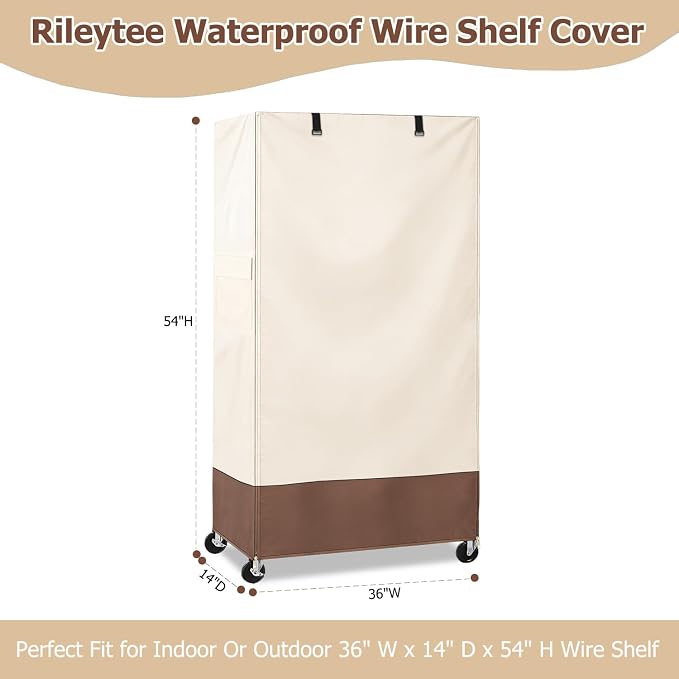 Rileytee Wire Shelf Cover,Heavy Duty 600D Dustproof Waterproof Shelf Covers for Wire Shelving,Outdoor Storage Rack Cover for Rack with Zipper,36"W x 14"D x 54"H,(Beige & Brown)