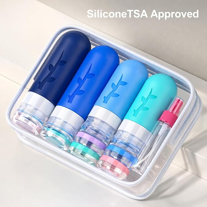 Tocelffe 18pack Travel Bottles for Toiletries,TSA Approved Silicone Travel Containers jar for Toiletries,Leak Proof Refillable Liqus Shampoo And Conditioner Essentials toiletry