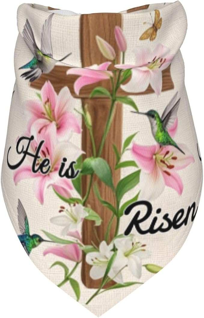Easter Sunday Religious Cross Christian He is Risen Flower Pet Triangle Scarf for Dogs & Cats, Polyester Decorative Scarf, Adjustable Cute Pet Bandana for Daily Wear & Photo Shoots