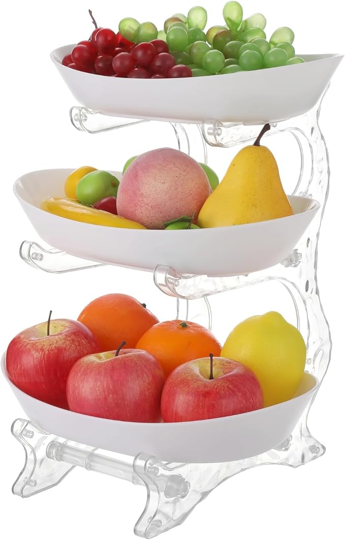 3-Tier Fruit Bowl Stand with 3 Removable Oval Dishes, Large Capacity Multi-layer Snacks Storage Rack, Clear PET and PP Organizer for Kitchen, Living Room, Desktop, Stable and Easy to Clean