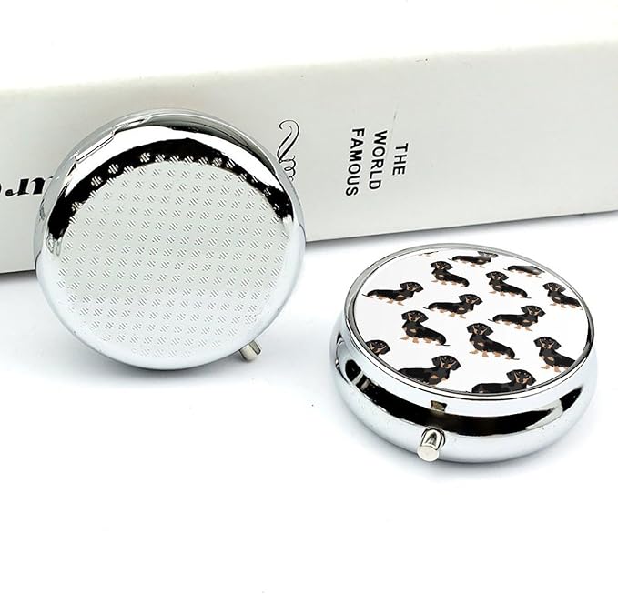 Dachshund Weiner Pet Dogs Round Metal Pill Organizer 3 Compartment Travel Pill Case with Mirror Waterproof & Leak-Proof for Daily Meds Vitamins Supplements Fits in Purse Pocket Bag