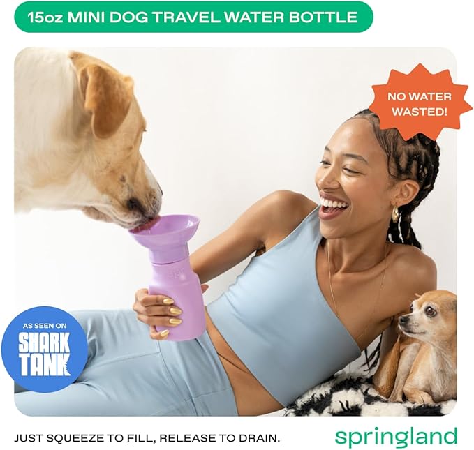 Springer Dog Water Bottle | Portable Travel Drinking Feeder Dispenser for Dogs & Puppies | As Seen on Shark Tank | Leak-Proof Bowl | BPA-Free | Outdoor Walking, Hiking & Travel | 15oz Lilac