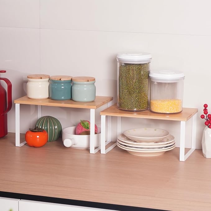 Kitchen Cabinet Organizer Shelf, Set of 2 Stackable Counter Shelves, Small Wood Cabinet Riser Shelf for Pantry Cupboard Spice Dish Mug Cup, Expandable, Metal Engineered Wood (Beige & White, 11.7''W)
