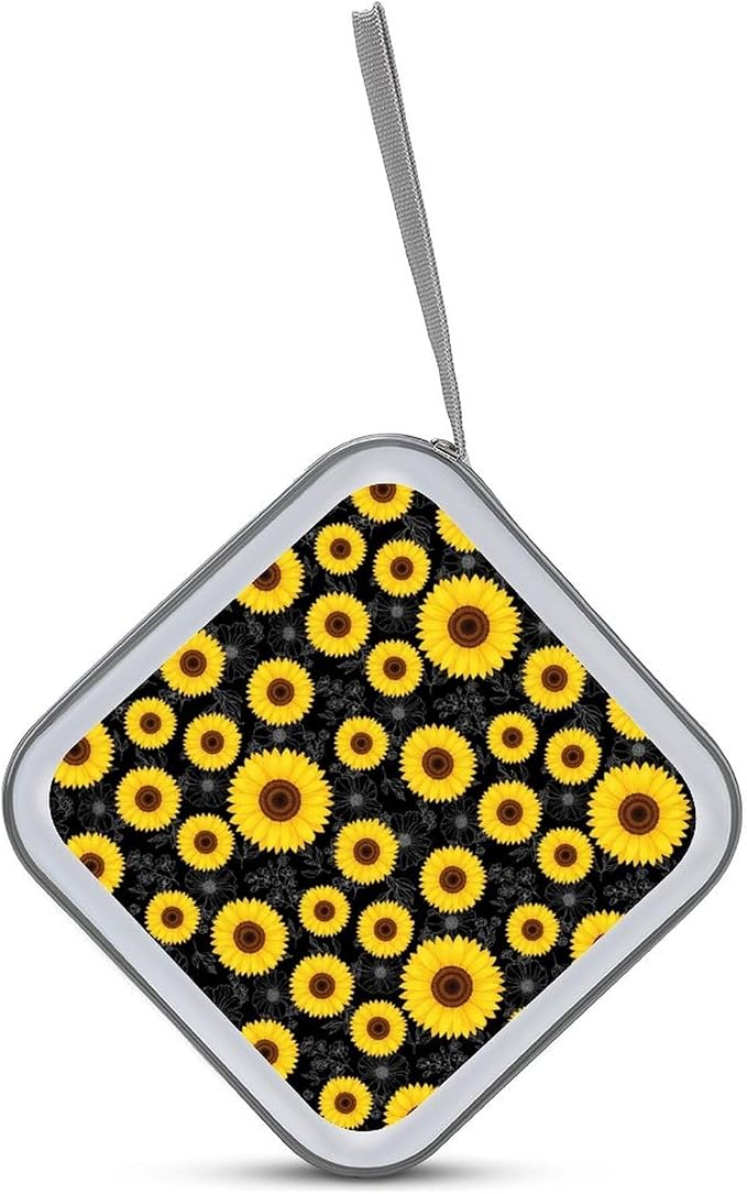 Portable 40-Disc CD Storage Binder Floral Sunflower Black, Hard Case Wallet with Handle, Protective Organizer for Movies Music Travel