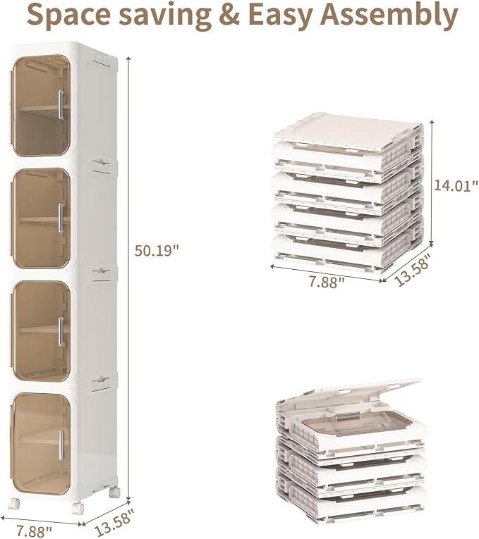 4 Tier Slim Bathroom Storage Cabinet, Foldable and Movable, Beige | Tools Free, ABS and PET, Magnetic Clear Door, Adjustable Shelves, Lockable Wheels, Water Resistant, For Narrow Space