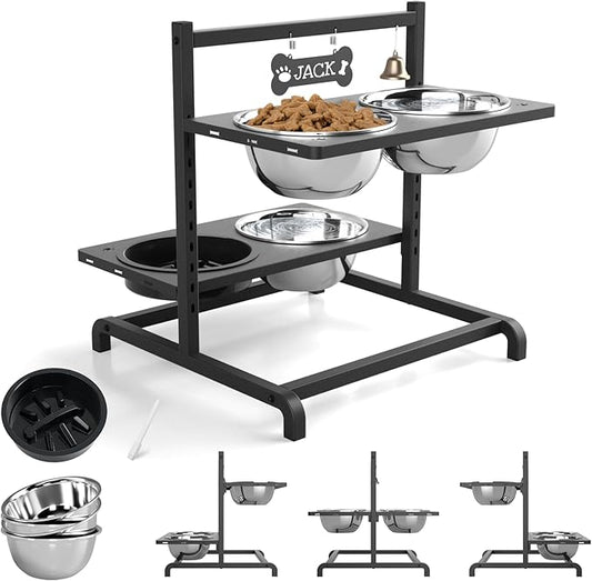 SHAINFUN Elevated Dog Bowl Stand with 4 Stainless Steel Bowls (58oz) & 1 Slow Feeder, 9 Height Adjustable Raised Dog Bowl from 4.9" to 14.5" for Large Dogs & Multi-Pet Homes