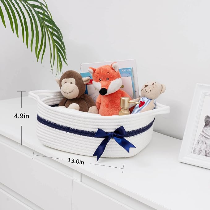 CHICVITA Small Woven Rope Gift Basket, Decorative Shelf Basket, White Blue | 13" x 10" x 5" Storage Baskets for Toys & Baby Essentials, Fits Nursery & Bedroom Organization, Built-In Handles, Bow Design