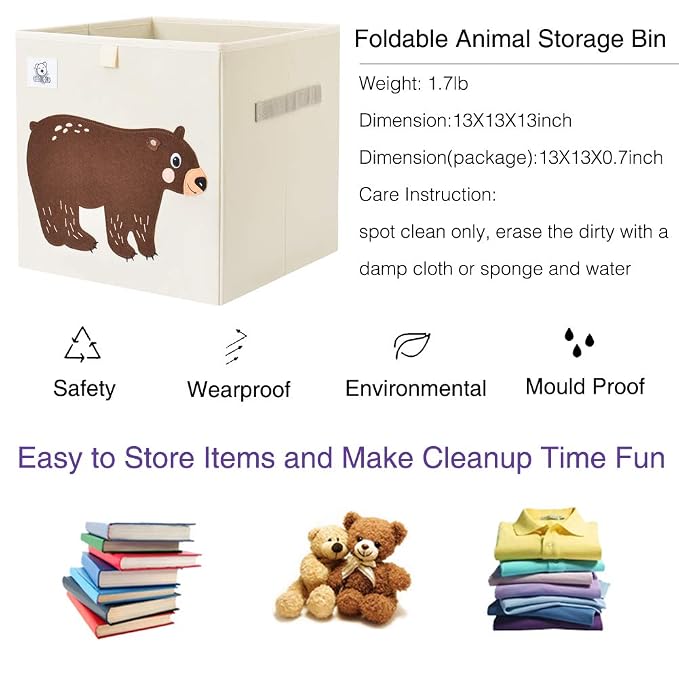 13 Inch Animal Cube Storage Bins, Foldable Fabric Kids Toy Box & Toy Chest | Kids Storage Cubes, Toy Storage Organizer Basket for Toddlers, Boys and Girls, Playroom and Nursery (Bear)