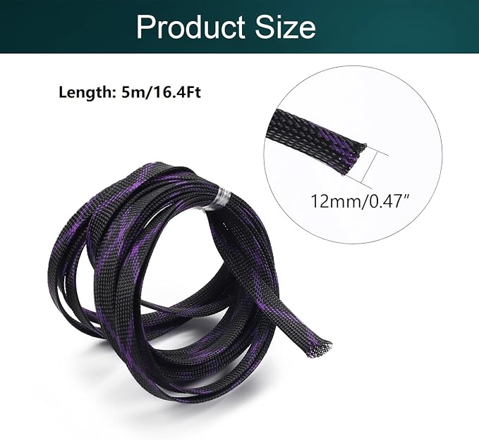 Jutagoss PET Expandable Braided Cable Sleeve, 16.4ft - 1/2 inch Black Purple Cable Management Sleeve, Wire Loom Tube Cord Protector for USB Cable, Power Cord, Audio Video and More, 1Pc