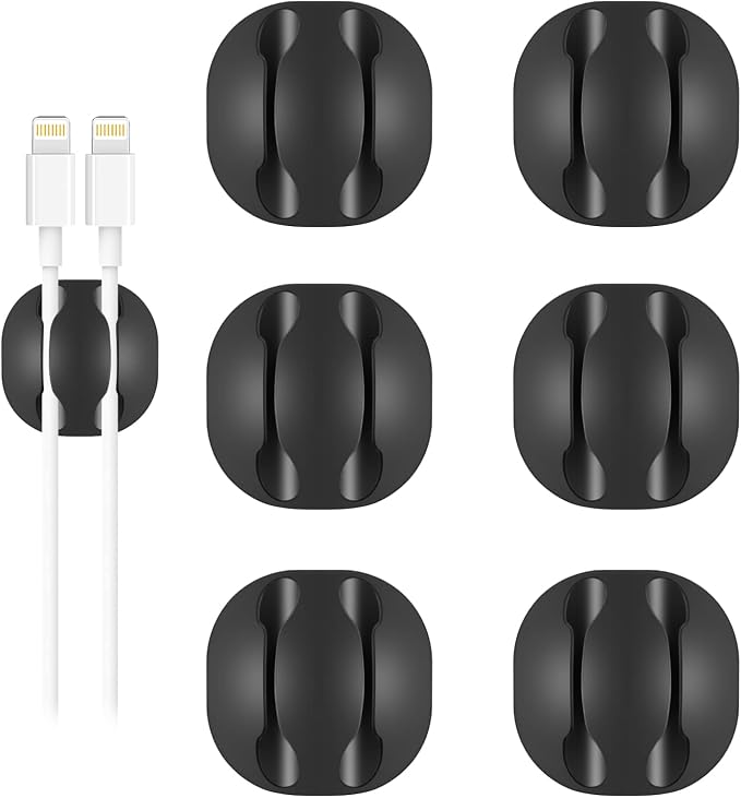 Shintop 6pcs Black Double Cable Clips for Organizing Desk Phone Charger | Self-Adhesive Cord Holder, Desk Cable Management for Nightstand Cord, Easy Cable Access, Less Slipping, Residue-Free