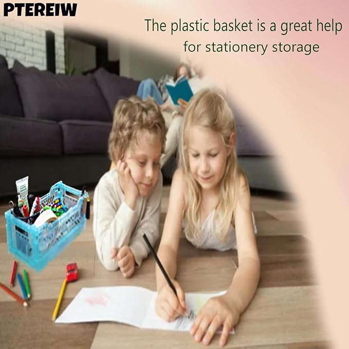 Mid Size Pastel Plastic Storage Crates and Baskets, Collapsible Crates for Organizing, 4L Space Saving Bins for Classroom, Kitchen, Office, Bedroom,Desk Organizer. (Blue)