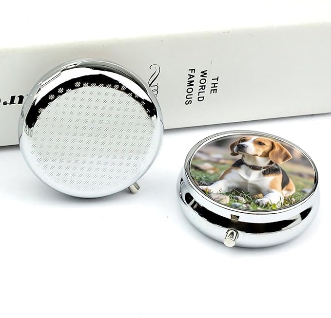 Pet Dog Beagle Round Metal Pill Organizer 3 Compartment Travel Pill Case with Mirror Waterproof & Leak-Proof for Daily Meds Vitamins Supplements Fits in Purse Pocket Bag