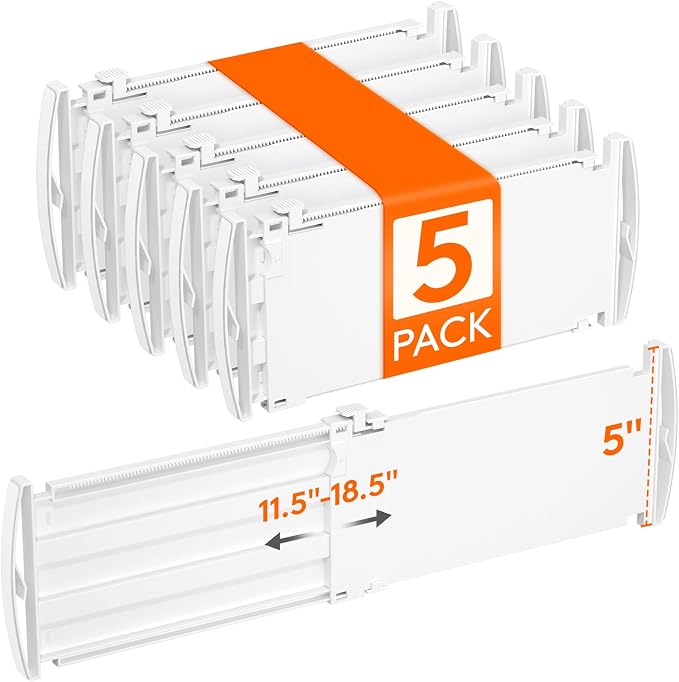 Lifewit 5" Tall Drawer Dividers, Adjustable Deep Drawer Organizer Clothes | 5 Pack 11.5"-18.5" Expandable White Plastic Separators for Dresser, Kitchen, Cabinet, Closet, Office Organization & Storage