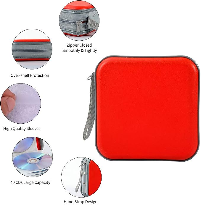 CD Case, 40 Capacity CD DVD Case Wallet Holder Portable Disc VCD Heavy Duty Binder Storage Organizer (Red)