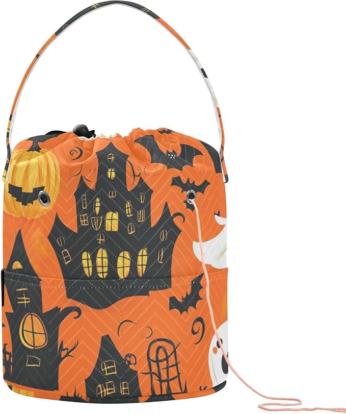 Tatenale Crochet Bag Yarn Bag Knitting Project Bag with Pockets and Handle Portable Yarn Storage Organizer Tangle Free 8.3x11 InchFunny Orange Halloween Bat Castle Ghost Pumpkins17