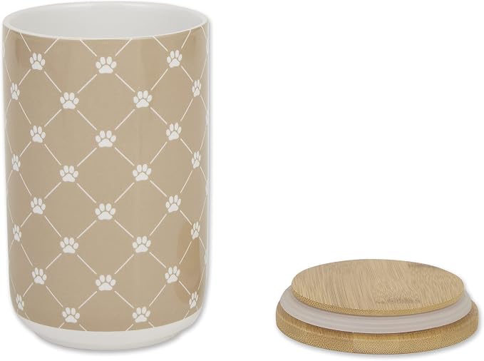 Bone Dry Trellis Paw Print Pet Treat Canister with Bamboo Lid Dog & Cat Treat Jar for Countertop Storage, Keep Training Bones & Biscuits Handy, 4x6.5 inches, Taupe