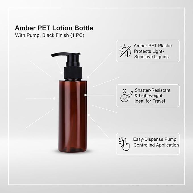 Amber PET Lotion Pump Bottle, Refillable Dispenser for Travel & Bathroom Storage, Black Finish