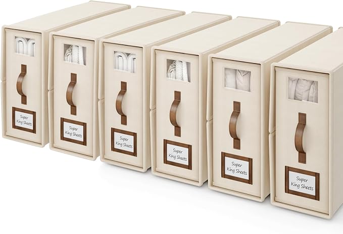 6 Pack Bed Sheets Organizers And Storage,Sheets Set Folder Keeper with Handle,Foldable Bedding Storage Box For Linen Closet,Duvet Cover(Cal King Size-5.2 Gal,Beige)