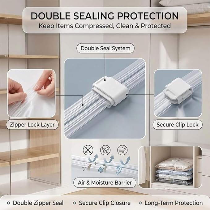 Large Capacity Vacuum Bags No Pump Needed, No Pump Large Vacuum Storage Compression Bags, Reusable No-Pump 3D Vacuum Storage Bags for Jumbo Clothes Bedding, Comforters, Off‑Season Gear (S-5PC)