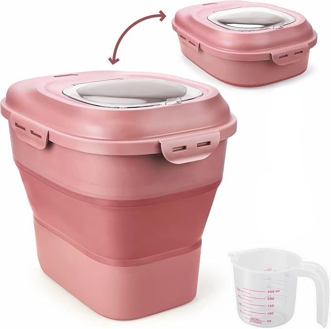 Viretec Cereal Rice Storage Containers, 20 to 50Lbs Collapsible Dry Food Dispenser Bins with Airtight Flip Lid Rolling Wheel, Kitchen Pantry to Store Sugar Flour, Dog Pet Cat Food Holder Container