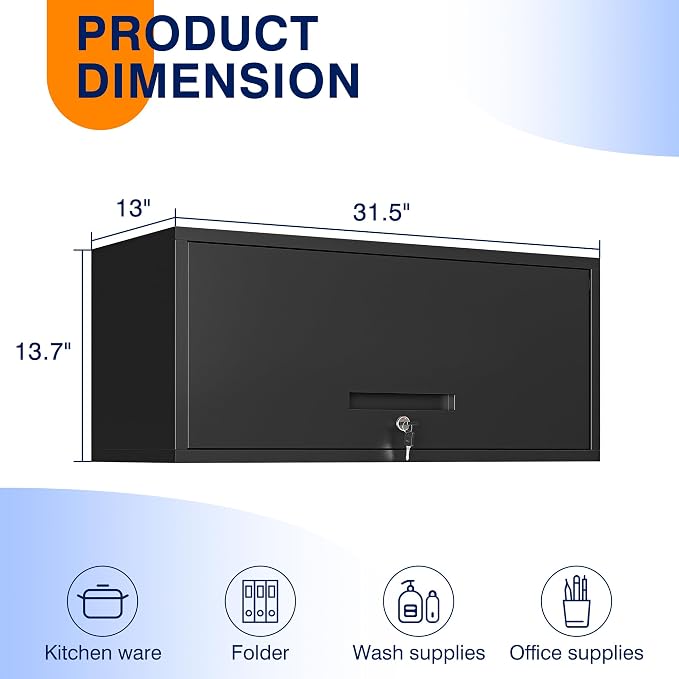 Metal Garage Cabinet with Doors, Wall Mounted Storage Cabinet, Floating Tool Cabinet for Basement, Kitchen, Warehouse (Black, 13.7" H)