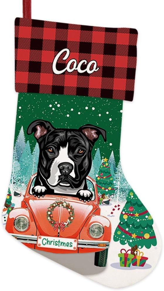 Personalized 1 Pack Christmas Stocking Lovely Pit Bull Pet Dog Stocking Christmas Tree Winter Fireplace Holiday Decoration 14"