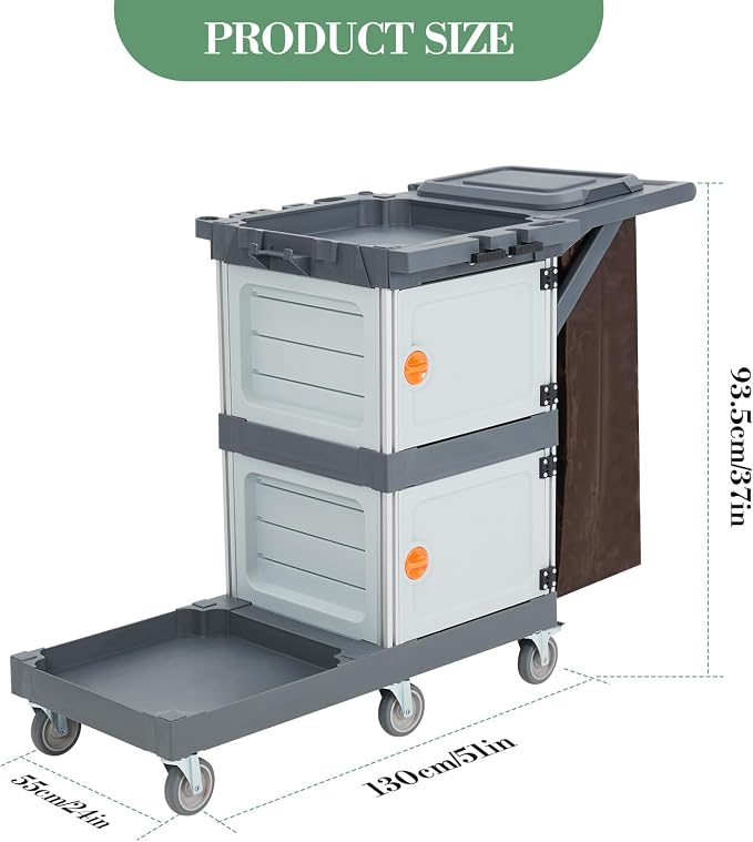 Commercial Janitorial Cleaning Cart 3-Shelf 2-Cabinet Housekeeping Cart with Lockable Wheels Oxford Bag and Cover Heavy Duty for School Hotel Apartment