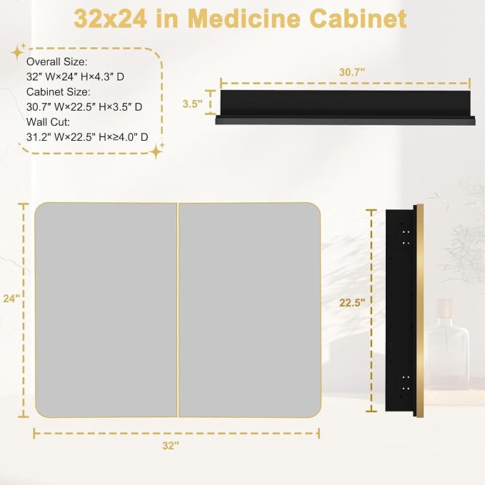 32x24 in Brushed Gold Double Door Medicine Cabinet with Mirror, Gold