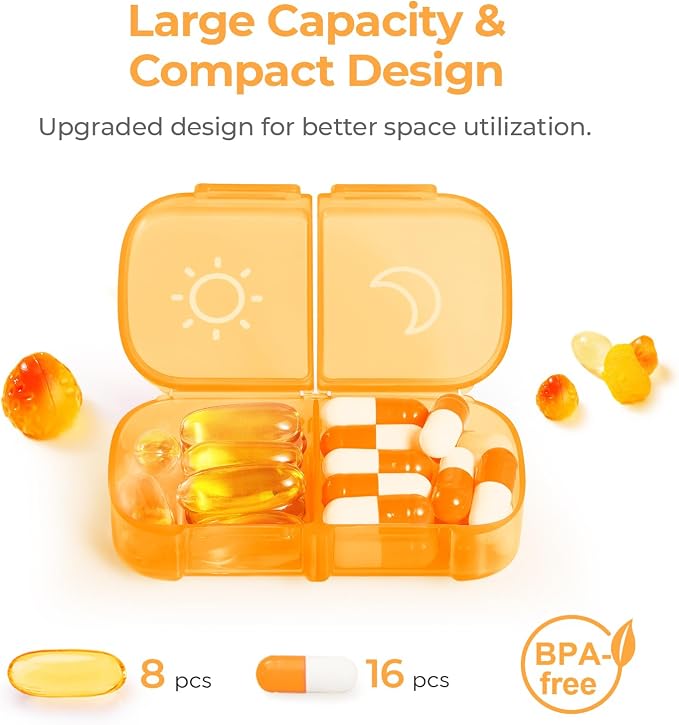 AUVON Weekly Pill Organizer 2 Times a Day, One-Side Large Opening, Easy‑Use | XL AM PM Pill Case, Travel Pill Box 7 Day, Medication Organizer for Medications, Vitamins, Fish Oils, Supplements, Orange